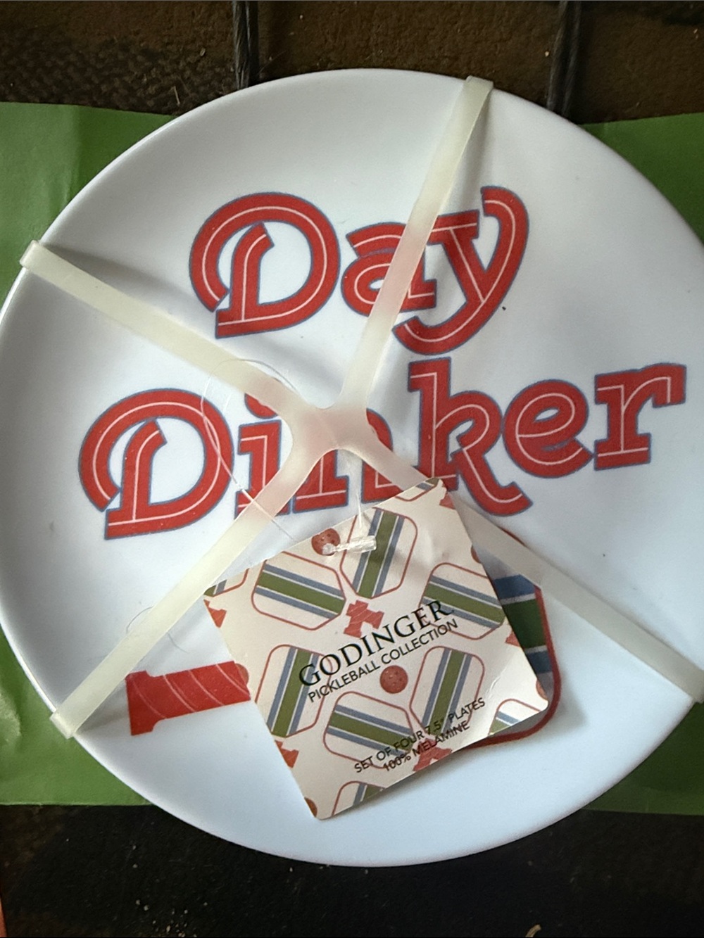 Godinger White melamine Plate set of four with  'Day Dinker' Lettering NWT